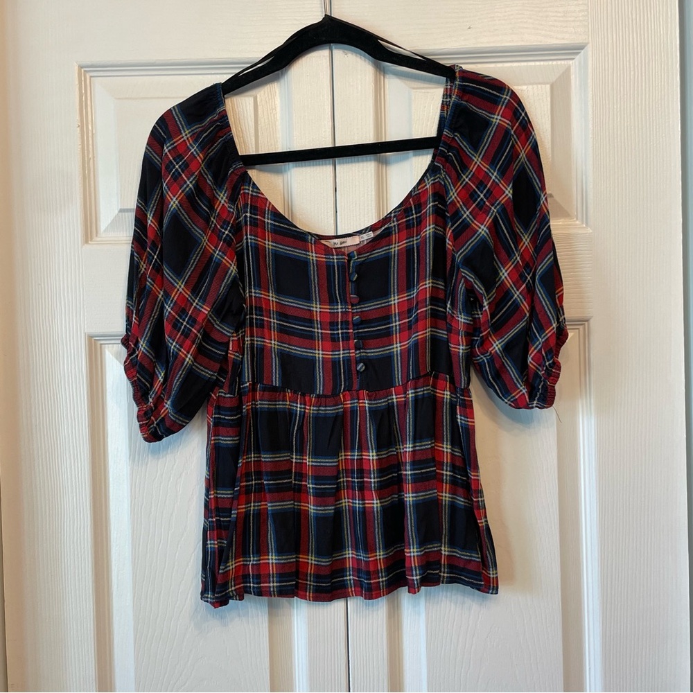 Miami Plaid Puff Sleeve Blouse Size XL